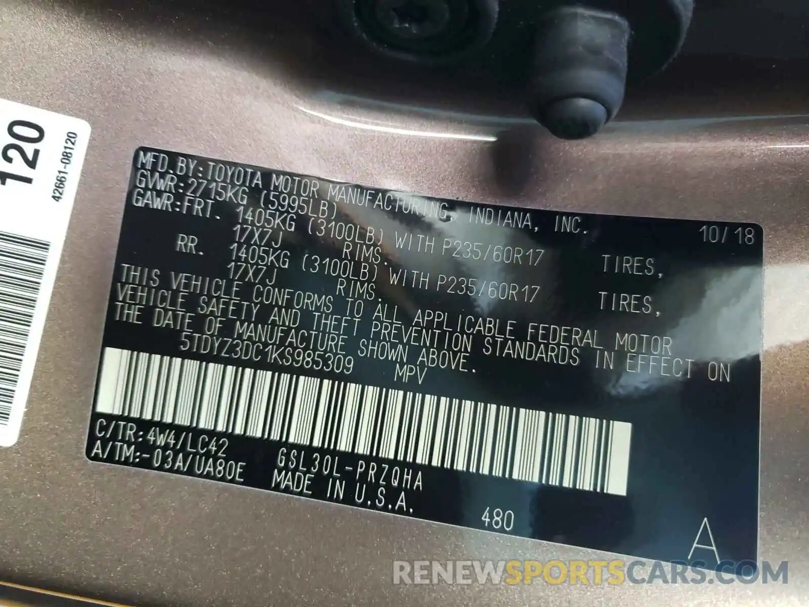 10 Photograph of a damaged car 5TDYZ3DC1KS985309 TOYOTA SIENNA 2019