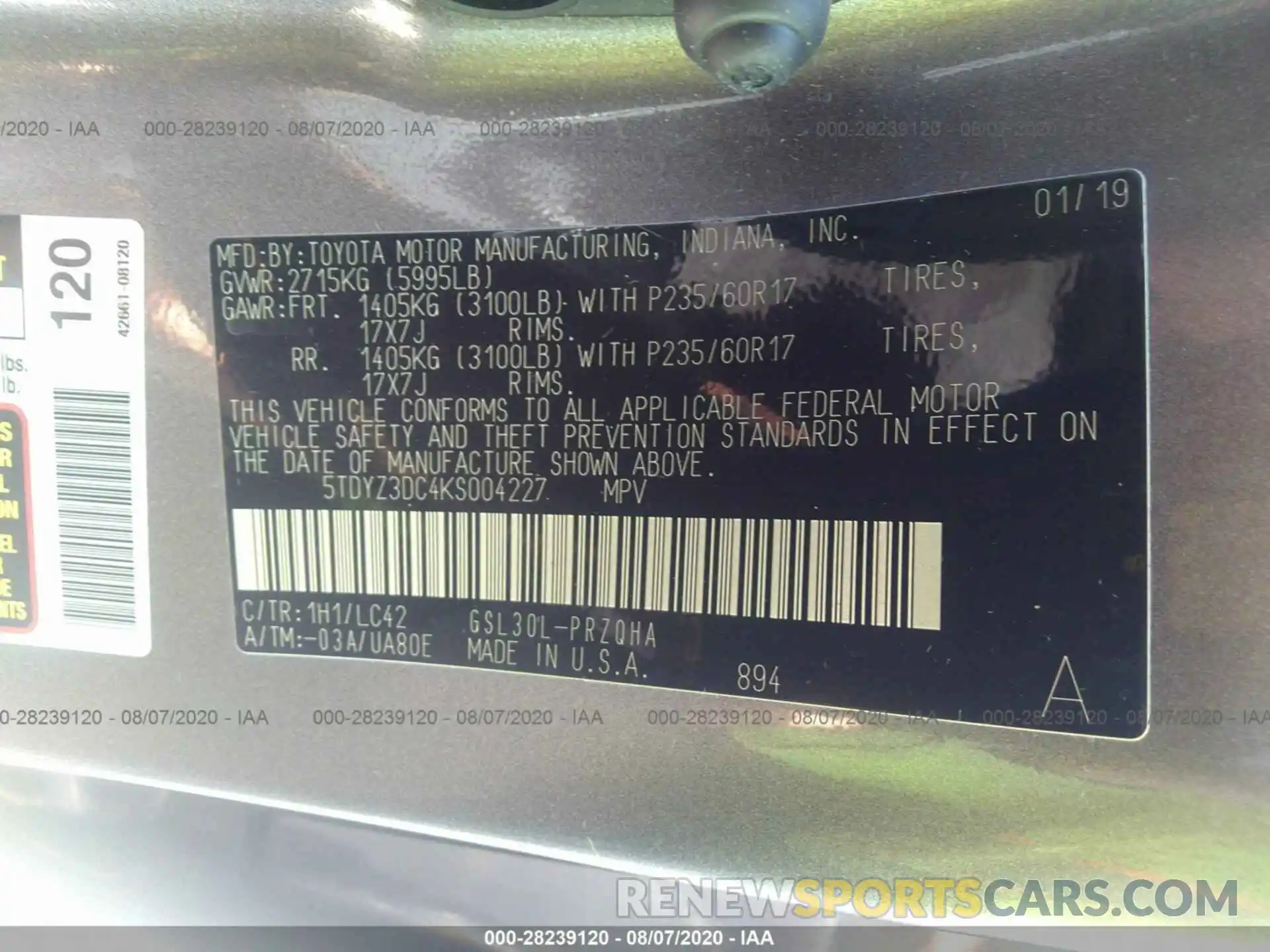 9 Photograph of a damaged car 5TDYZ3DC4KS004227 TOYOTA SIENNA 2019