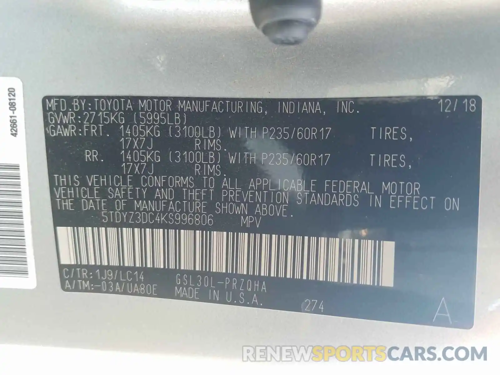 10 Photograph of a damaged car 5TDYZ3DC4KS996806 TOYOTA SIENNA 2019