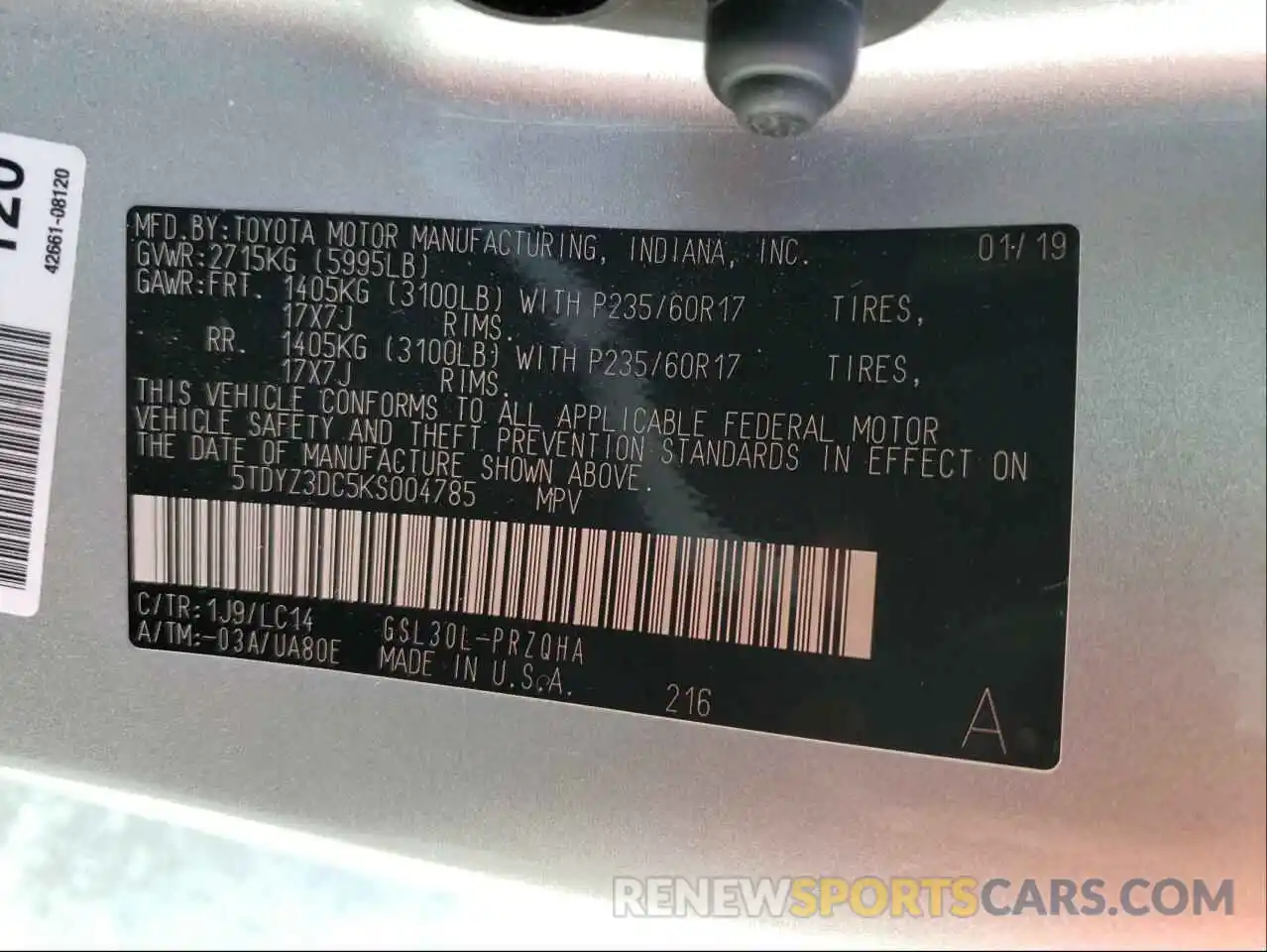 10 Photograph of a damaged car 5TDYZ3DC5KS004785 TOYOTA SIENNA 2019