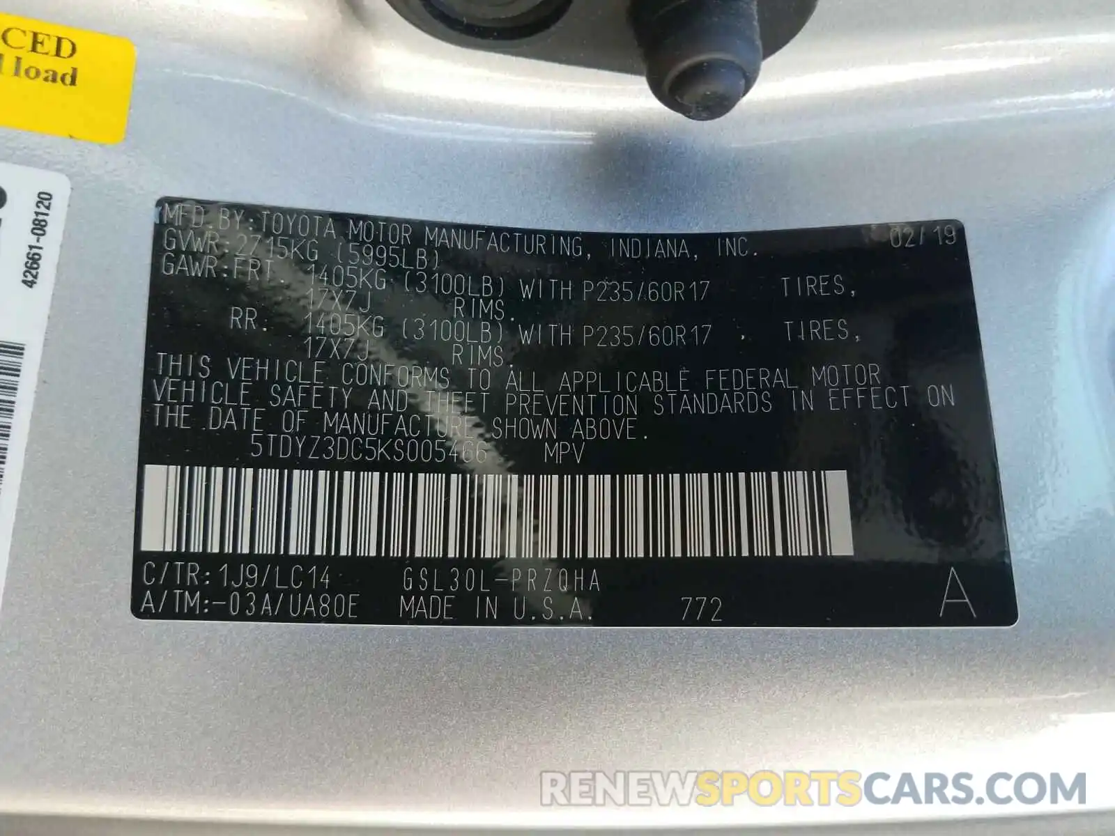 10 Photograph of a damaged car 5TDYZ3DC5KS005466 TOYOTA SIENNA 2019