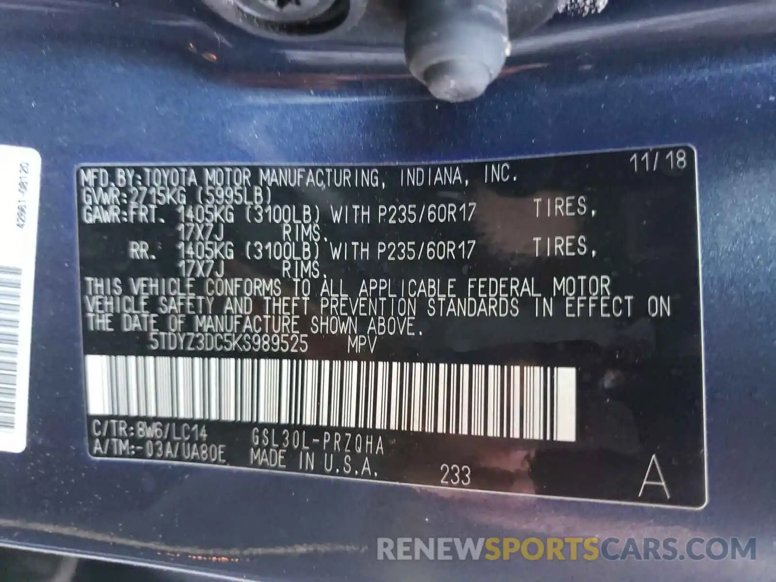 10 Photograph of a damaged car 5TDYZ3DC5KS989525 TOYOTA SIENNA 2019