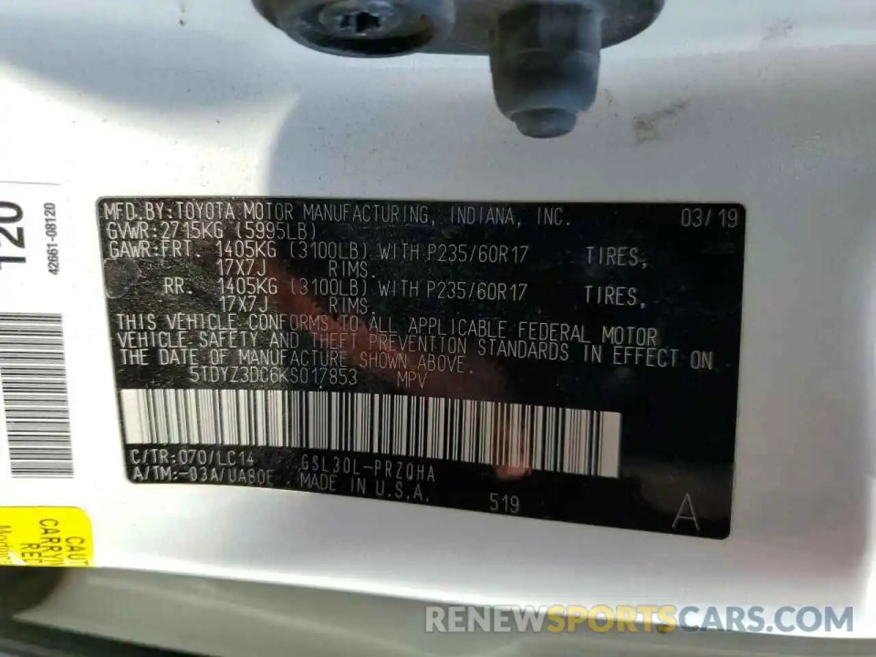 10 Photograph of a damaged car 5TDYZ3DC6KS017853 TOYOTA SIENNA 2019