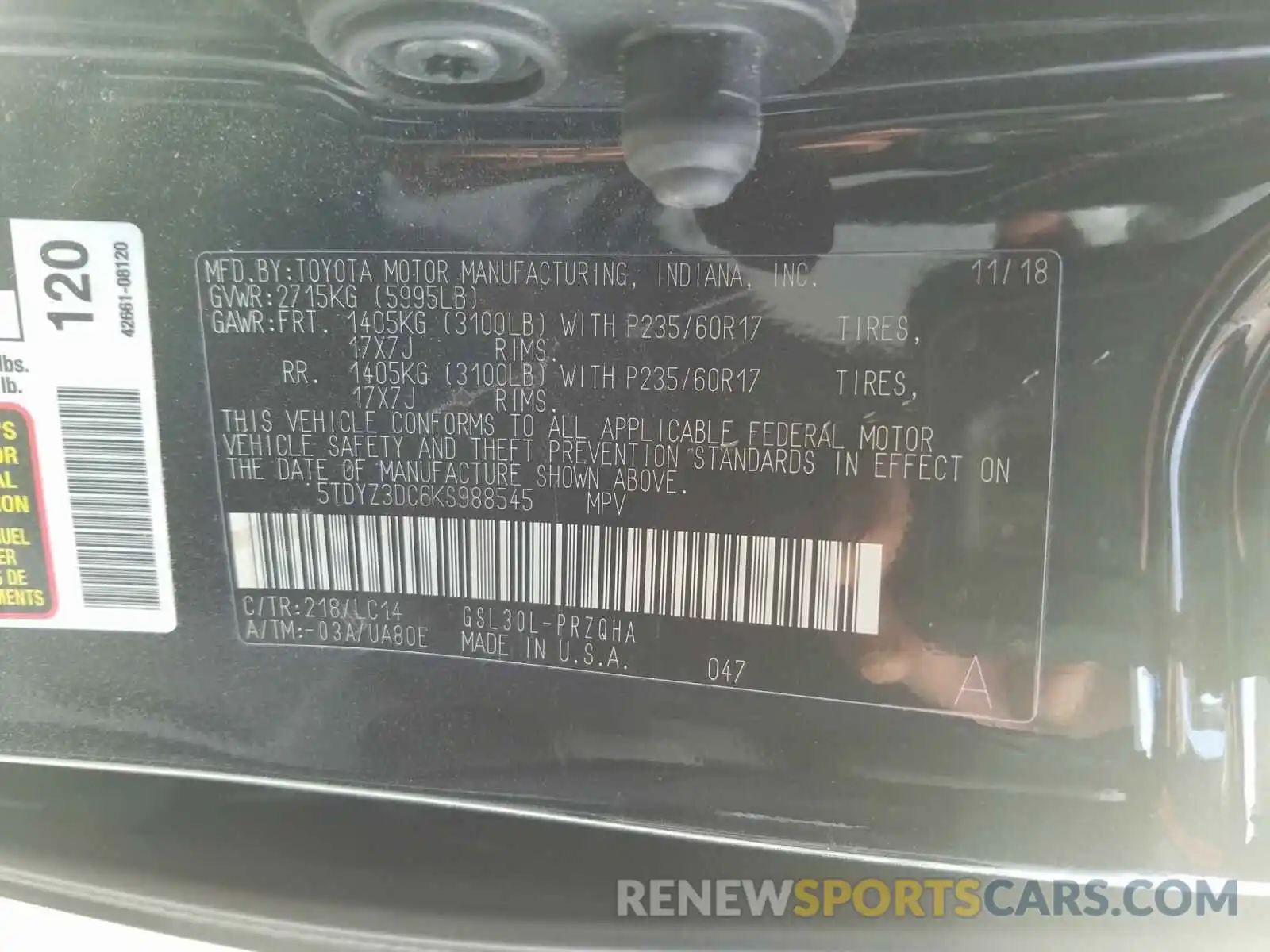 10 Photograph of a damaged car 5TDYZ3DC6KS988545 TOYOTA SIENNA 2019