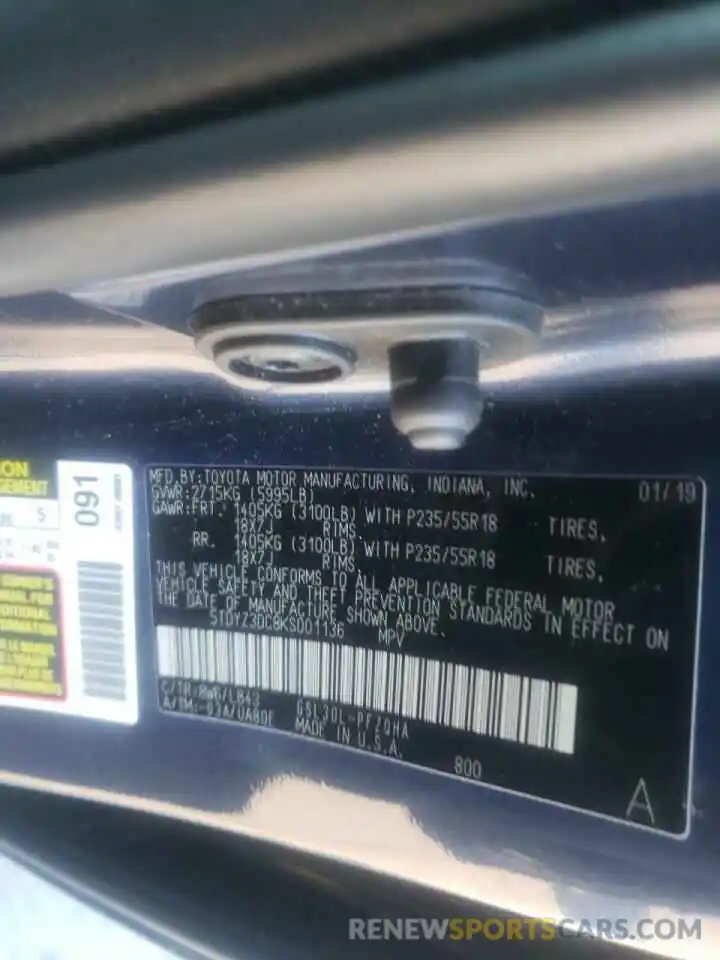 10 Photograph of a damaged car 5TDYZ3DC8KS001136 TOYOTA SIENNA 2019