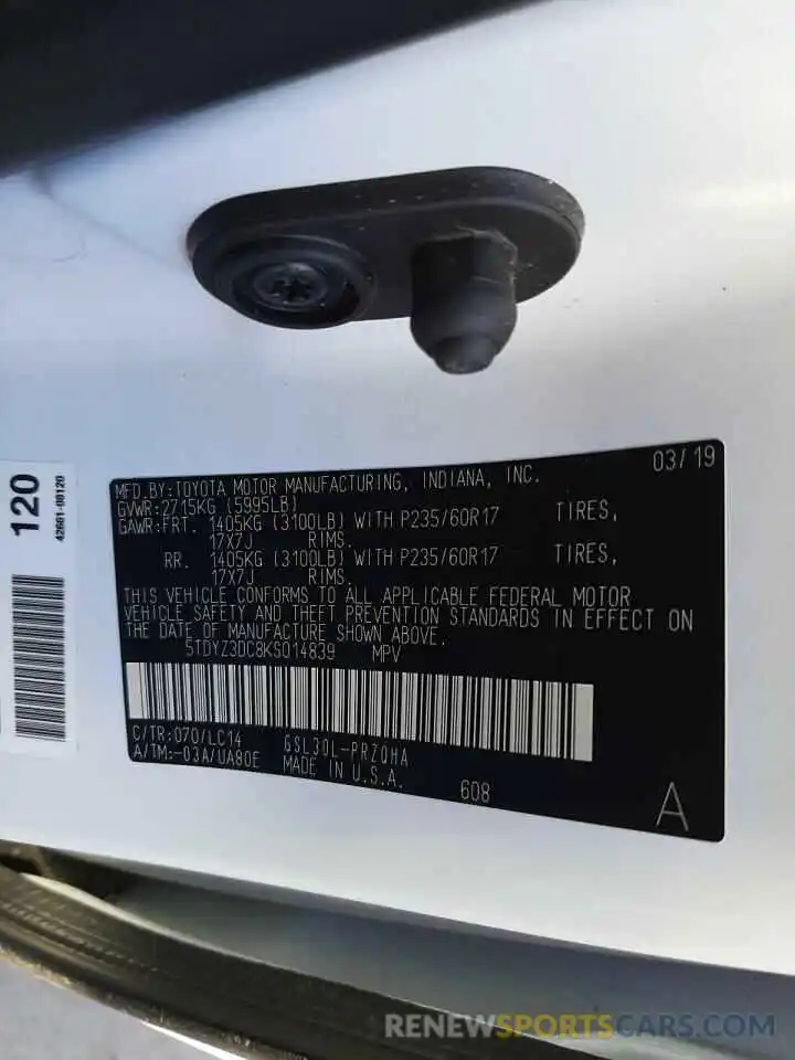 10 Photograph of a damaged car 5TDYZ3DC8KS014839 TOYOTA SIENNA 2019