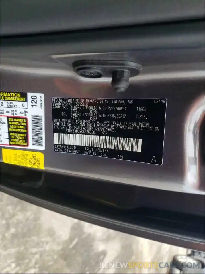 10 Photograph of a damaged car 5TDYZ3DC8KS976090 TOYOTA SIENNA 2019