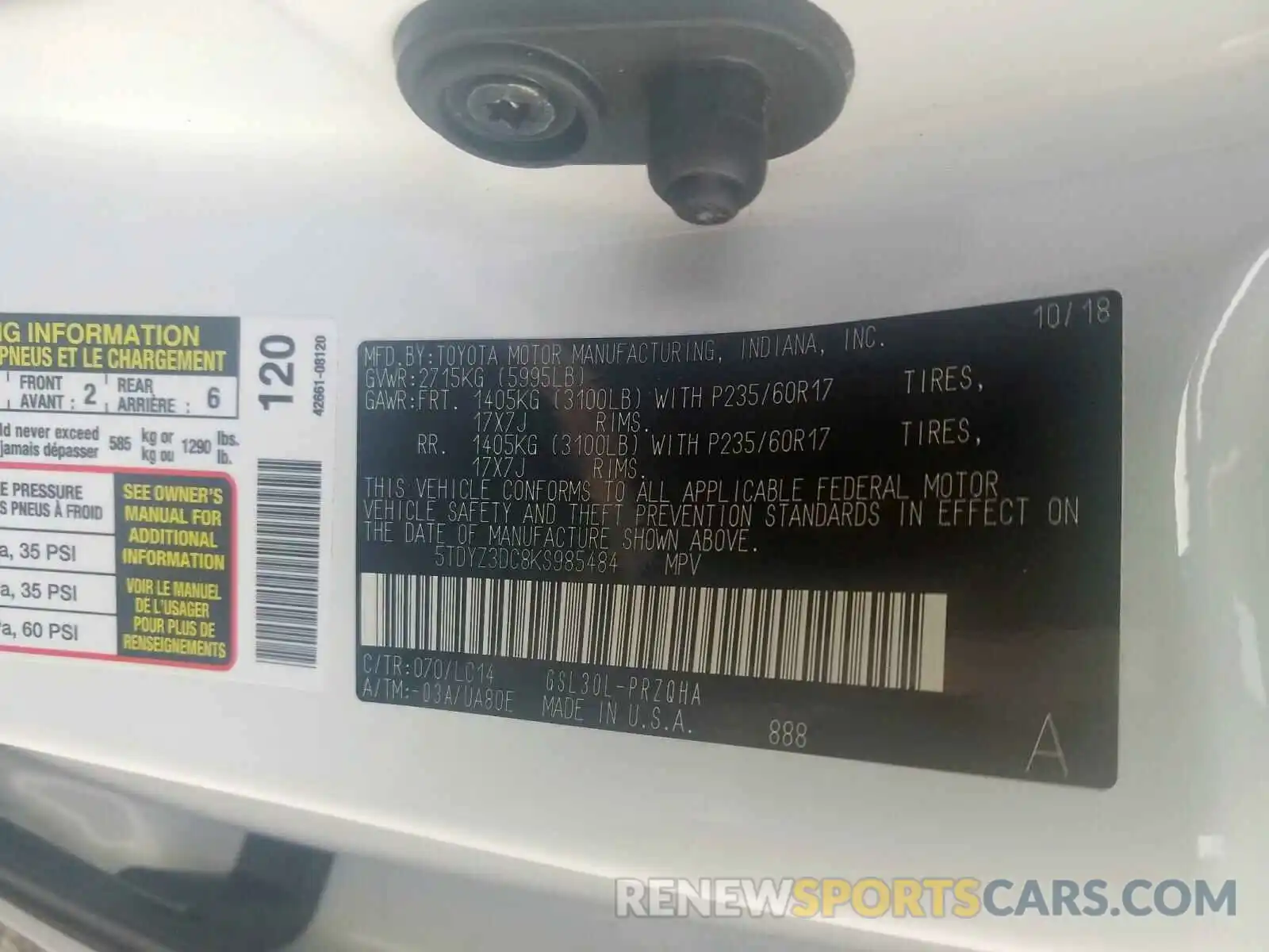 10 Photograph of a damaged car 5TDYZ3DC8KS985484 TOYOTA SIENNA 2019