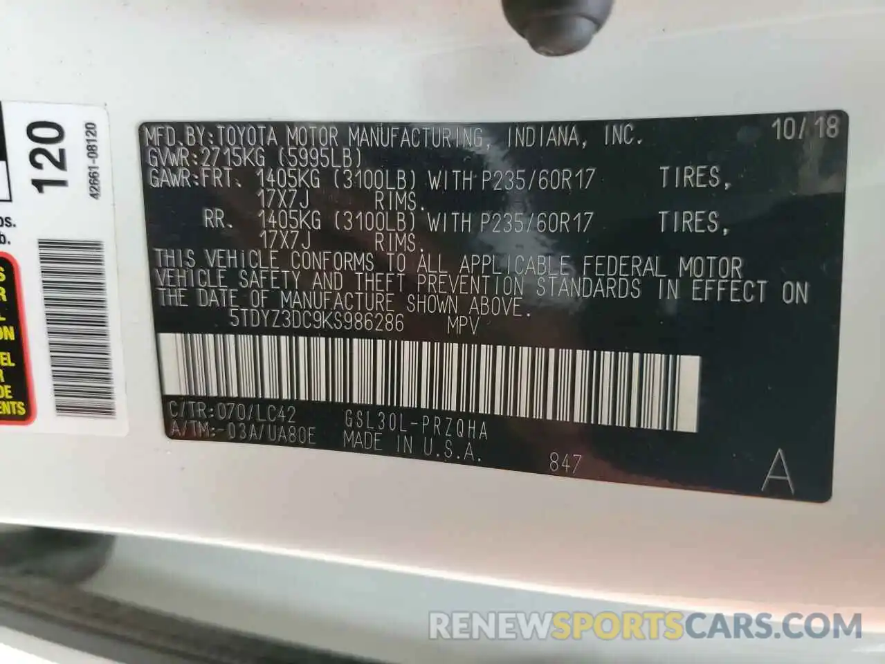 10 Photograph of a damaged car 5TDYZ3DC9KS986286 TOYOTA SIENNA 2019