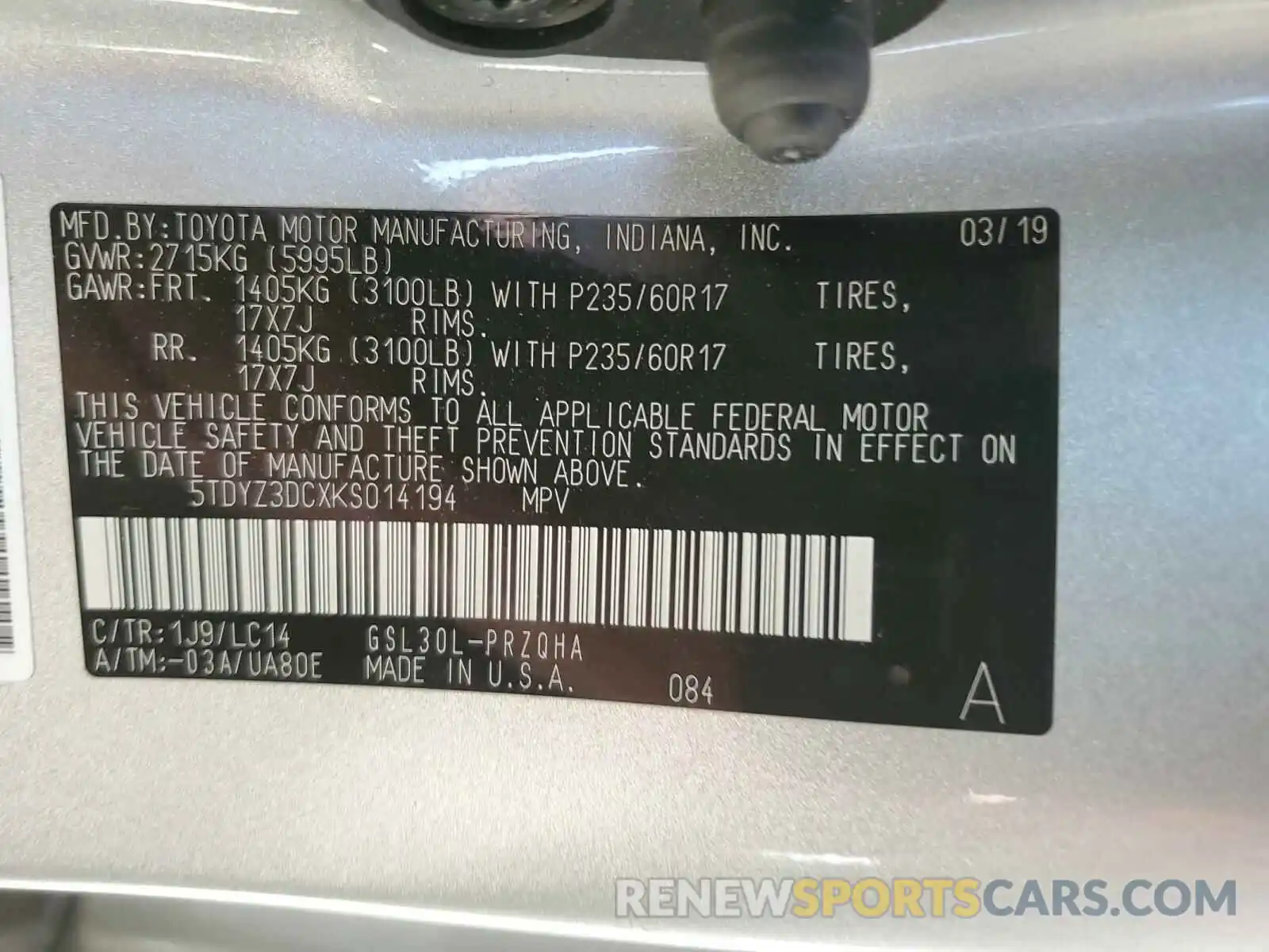 10 Photograph of a damaged car 5TDYZ3DCXKS014194 TOYOTA SIENNA 2019