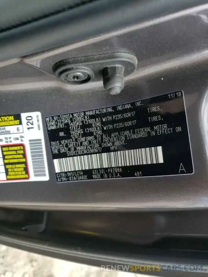 10 Photograph of a damaged car 5TDYZ3DCXKS989617 TOYOTA SIENNA 2019