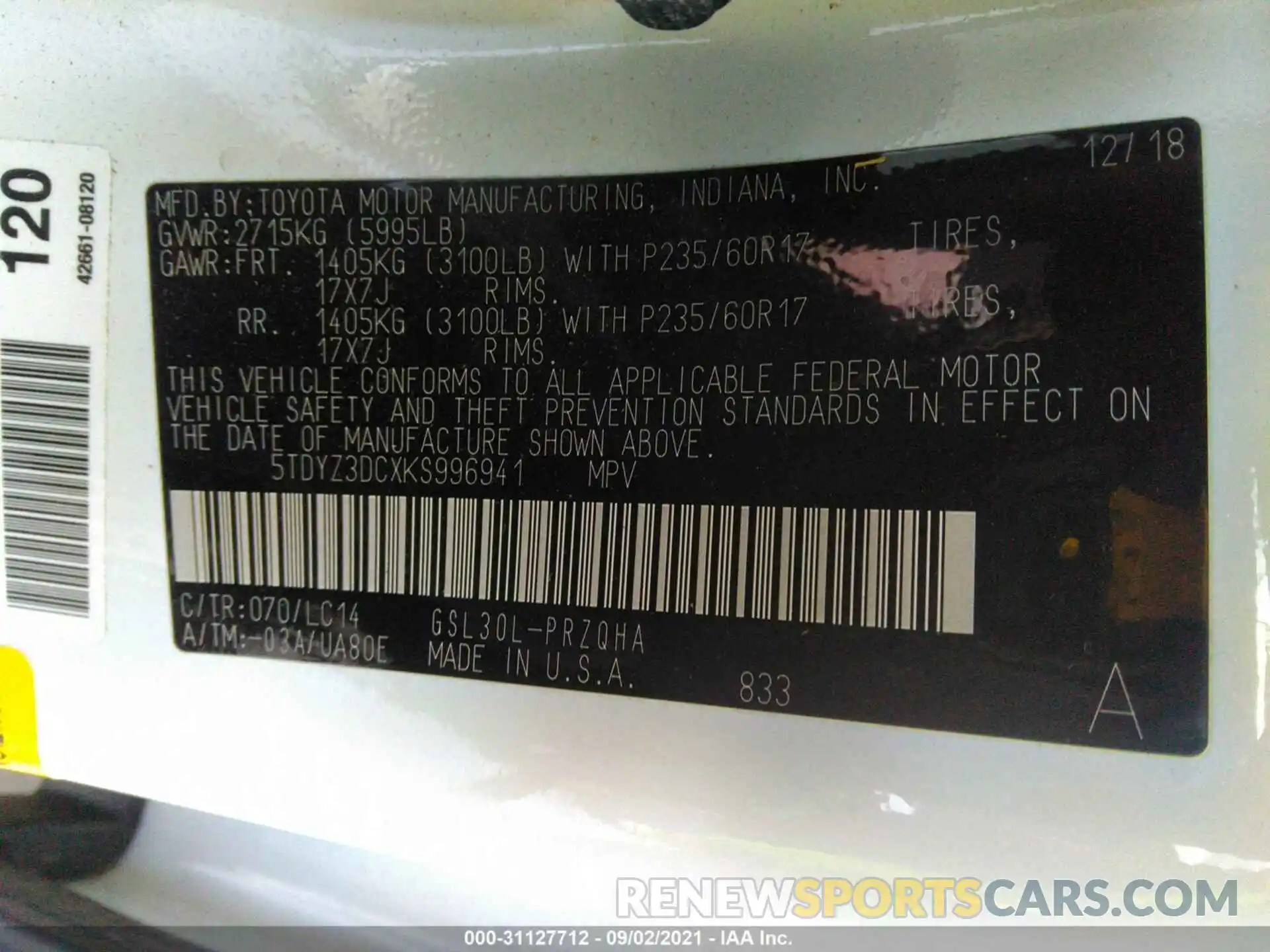 9 Photograph of a damaged car 5TDYZ3DCXKS996941 TOYOTA SIENNA 2019