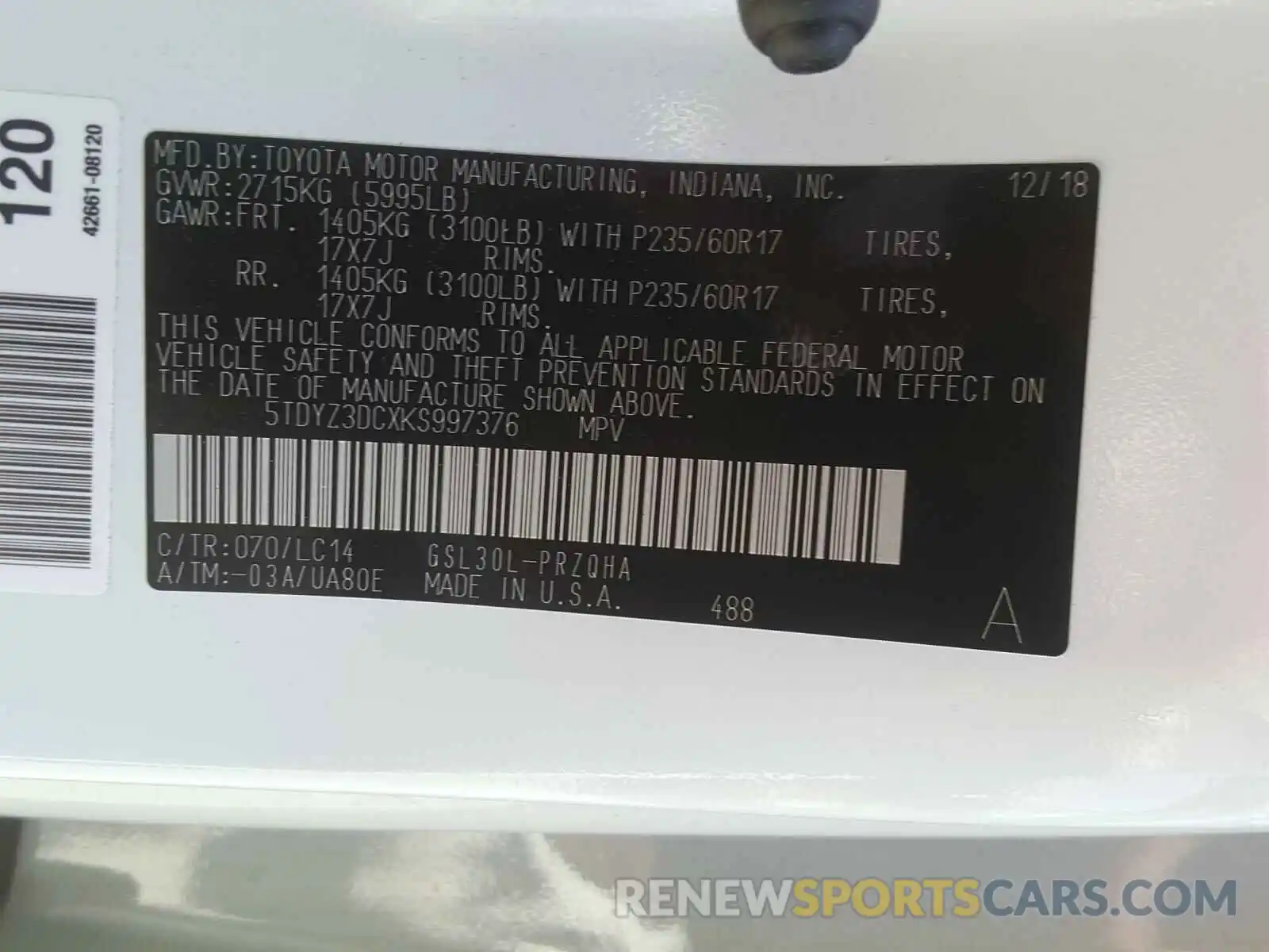 10 Photograph of a damaged car 5TDYZ3DCXKS997376 TOYOTA SIENNA 2019