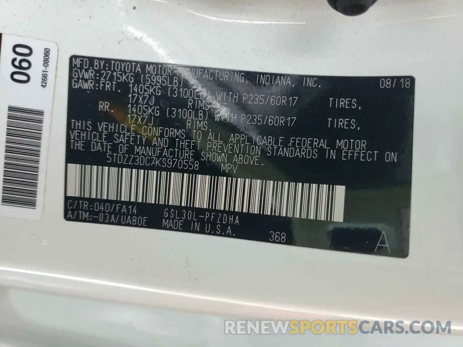 10 Photograph of a damaged car 5TDZZ3DC7KS970558 TOYOTA SIENNA 2019