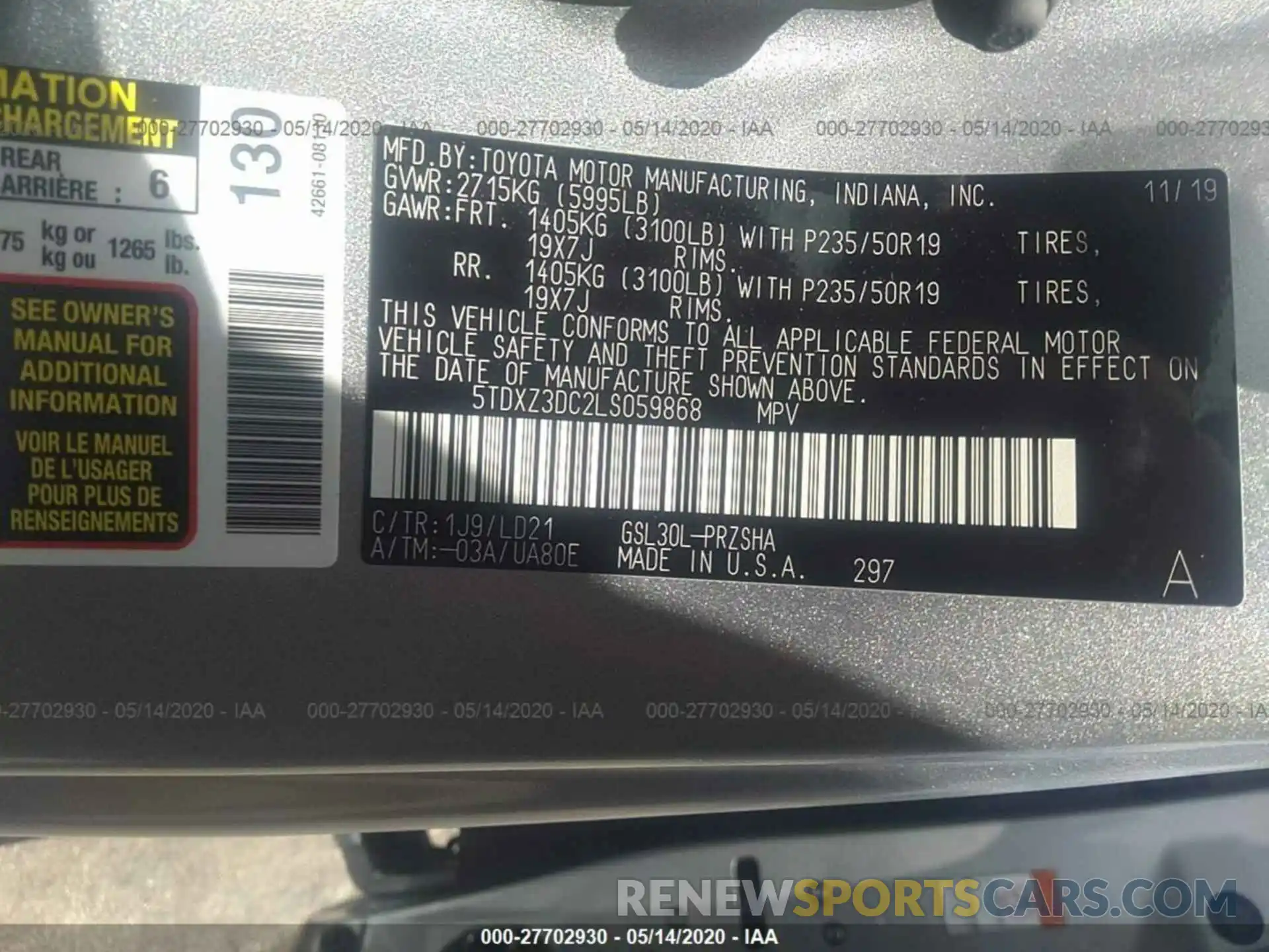 9 Фотография поврежденного автомобиля 5TDXZ3DC2LS059868 TOYOTA SIENNA 2020