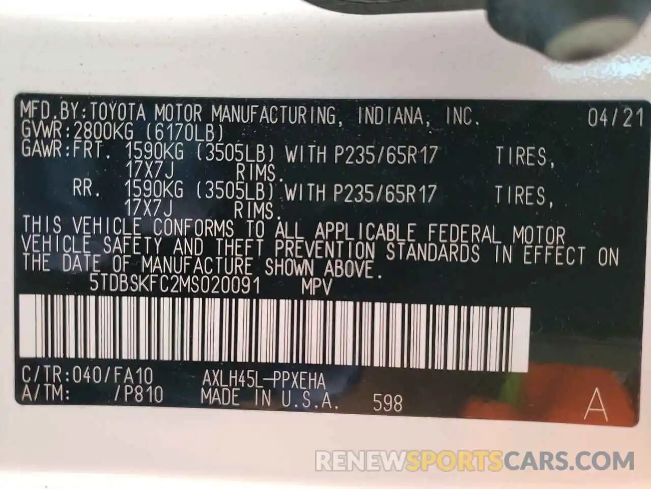 10 Photograph of a damaged car 5TDBSKFC2MS020091 TOYOTA SIENNA 2021