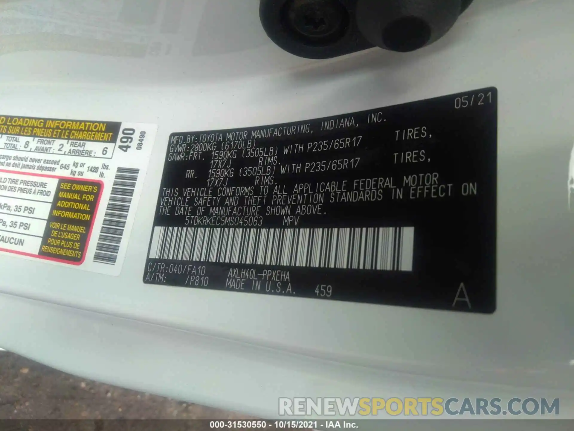 9 Фотография поврежденного автомобиля 5TDKRKEC5MS045063 TOYOTA SIENNA 2021