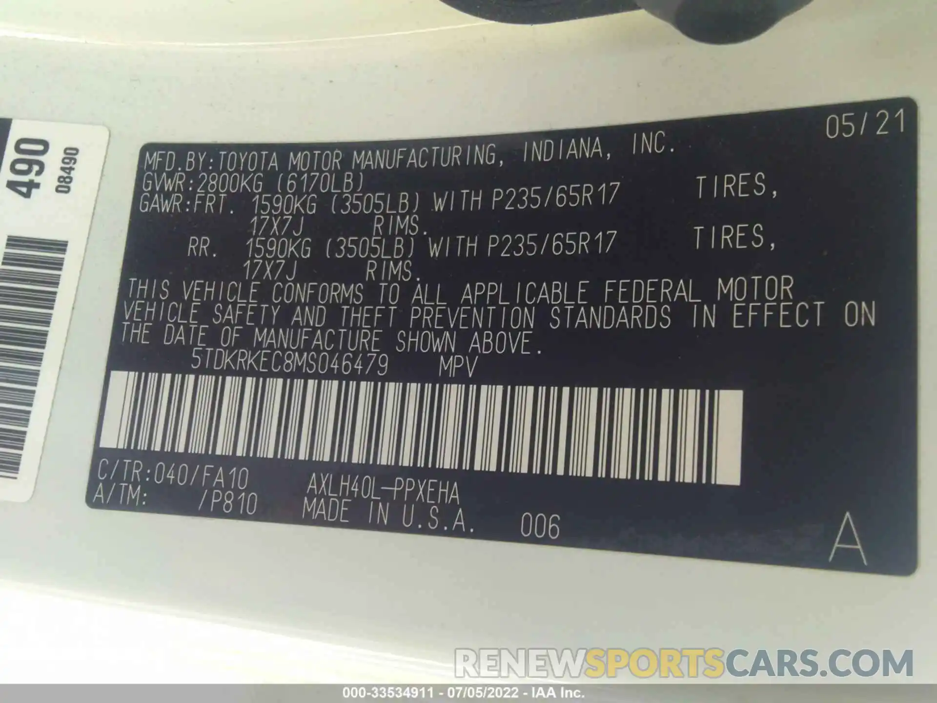 9 Фотография поврежденного автомобиля 5TDKRKEC8MS046479 TOYOTA SIENNA 2021