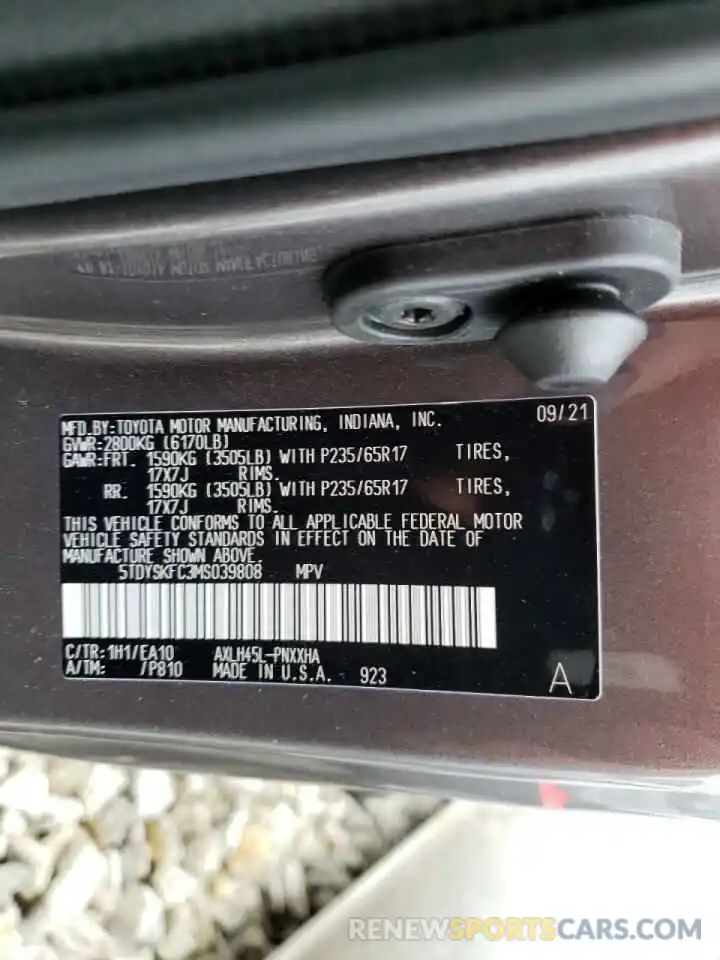 10 Фотография поврежденного автомобиля 5TDYSKFC3MS039808 TOYOTA SIENNA 2021