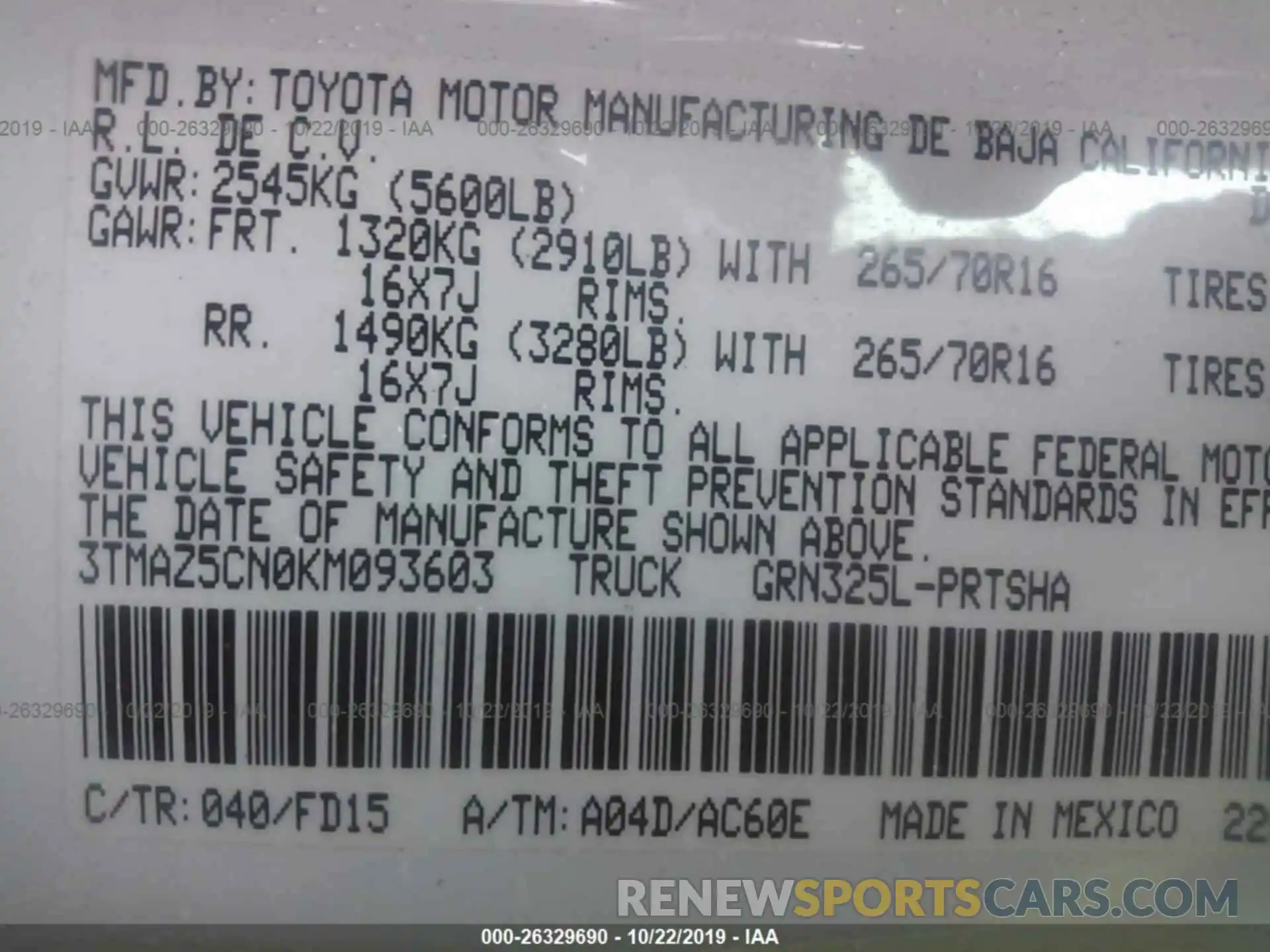 9 Фотография поврежденного автомобиля 3TMAZ5CN0KM093603 TOYOTA TACOMA 2019