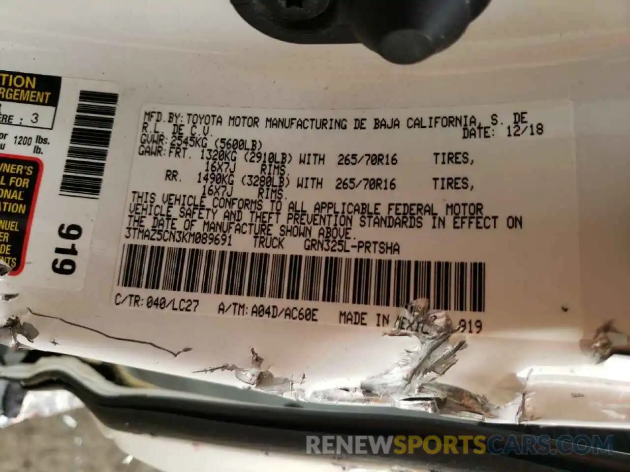 10 Photograph of a damaged car 3TMAZ5CN3KM089691 TOYOTA TACOMA 2019