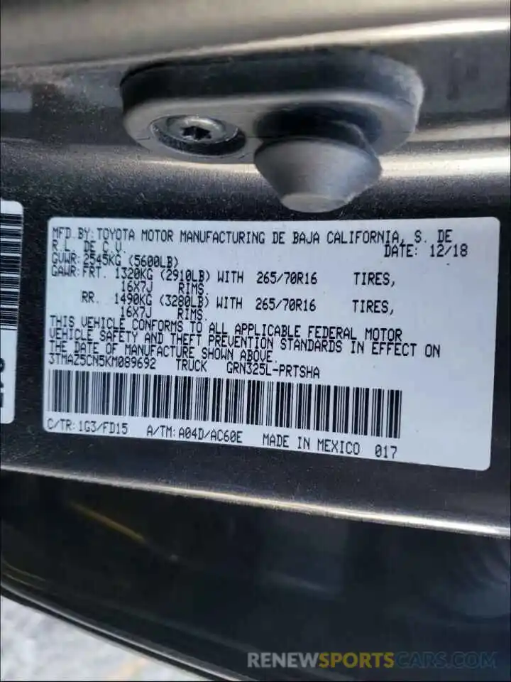 10 Photograph of a damaged car 3TMAZ5CN5KM089692 TOYOTA TACOMA 2019