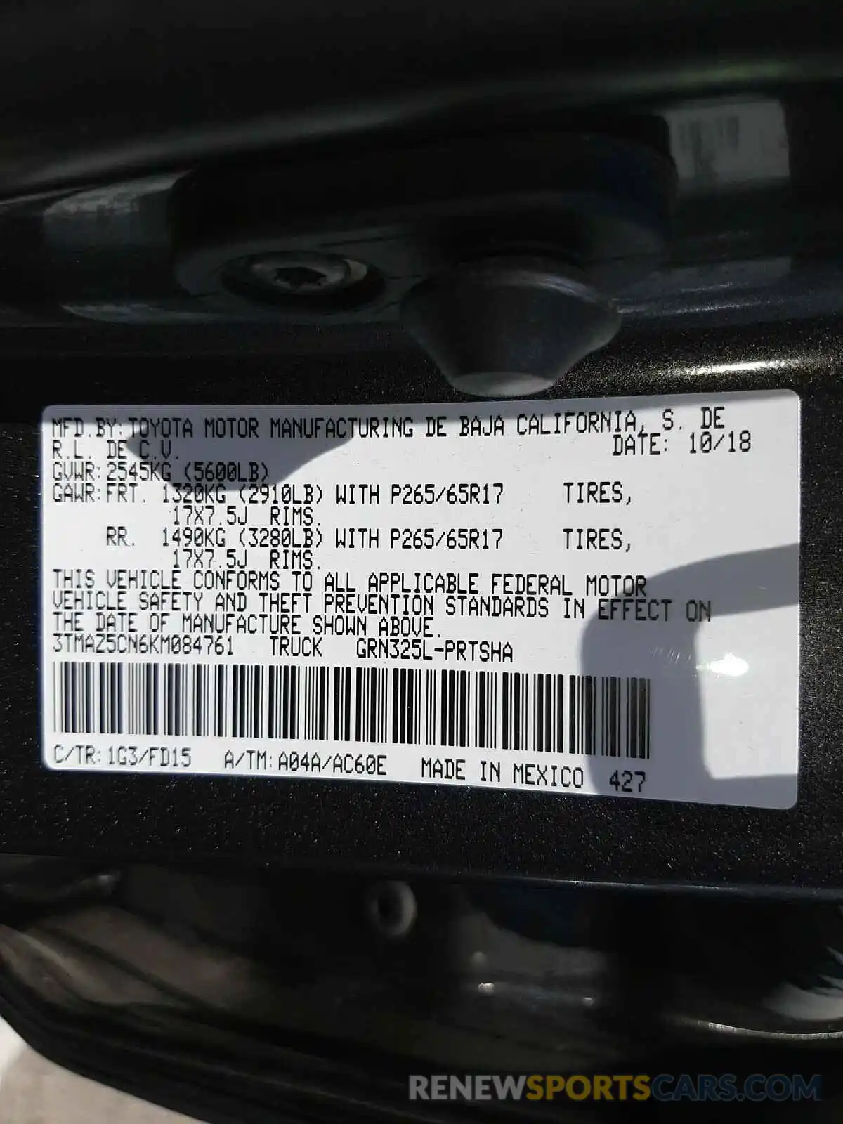 10 Фотография поврежденного автомобиля 3TMAZ5CN6KM084761 TOYOTA TACOMA 2019