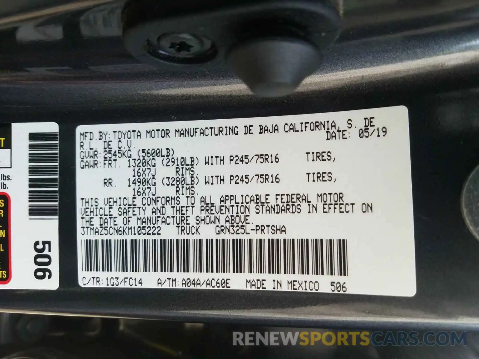 10 Фотография поврежденного автомобиля 3TMAZ5CN6KM105222 TOYOTA TACOMA 2019