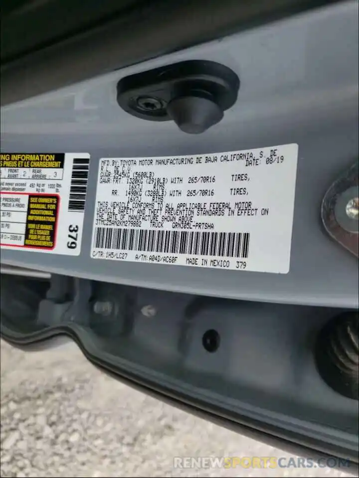 10 Photograph of a damaged car 3TMCZ5AN2KM279882 TOYOTA TACOMA 2019