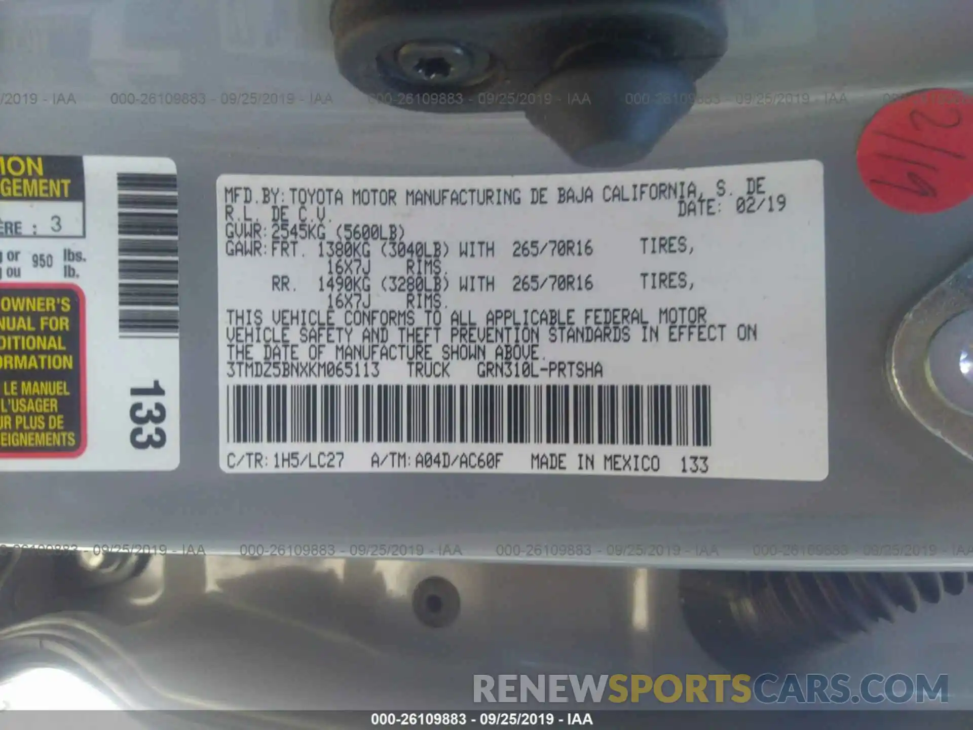 9 Фотография поврежденного автомобиля 3TMDZ5BNXKM065113 TOYOTA TACOMA 2019