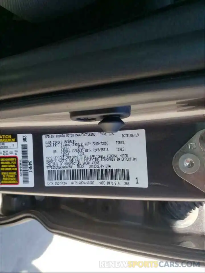 10 Photograph of a damaged car 5TFBZ5DN2KX004854 TOYOTA TACOMA 2019