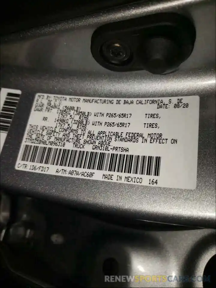 10 Photograph of a damaged car 3TMDZ5BN0LM096310 TOYOTA TACOMA 2020