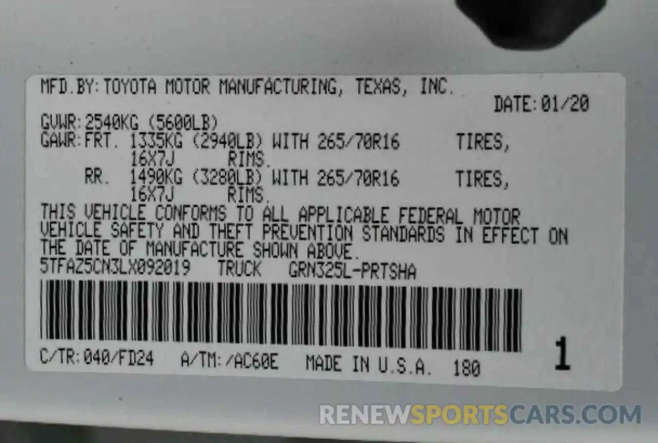 10 Photograph of a damaged car 5TFAZ5CN3LX092019 TOYOTA TACOMA 2020