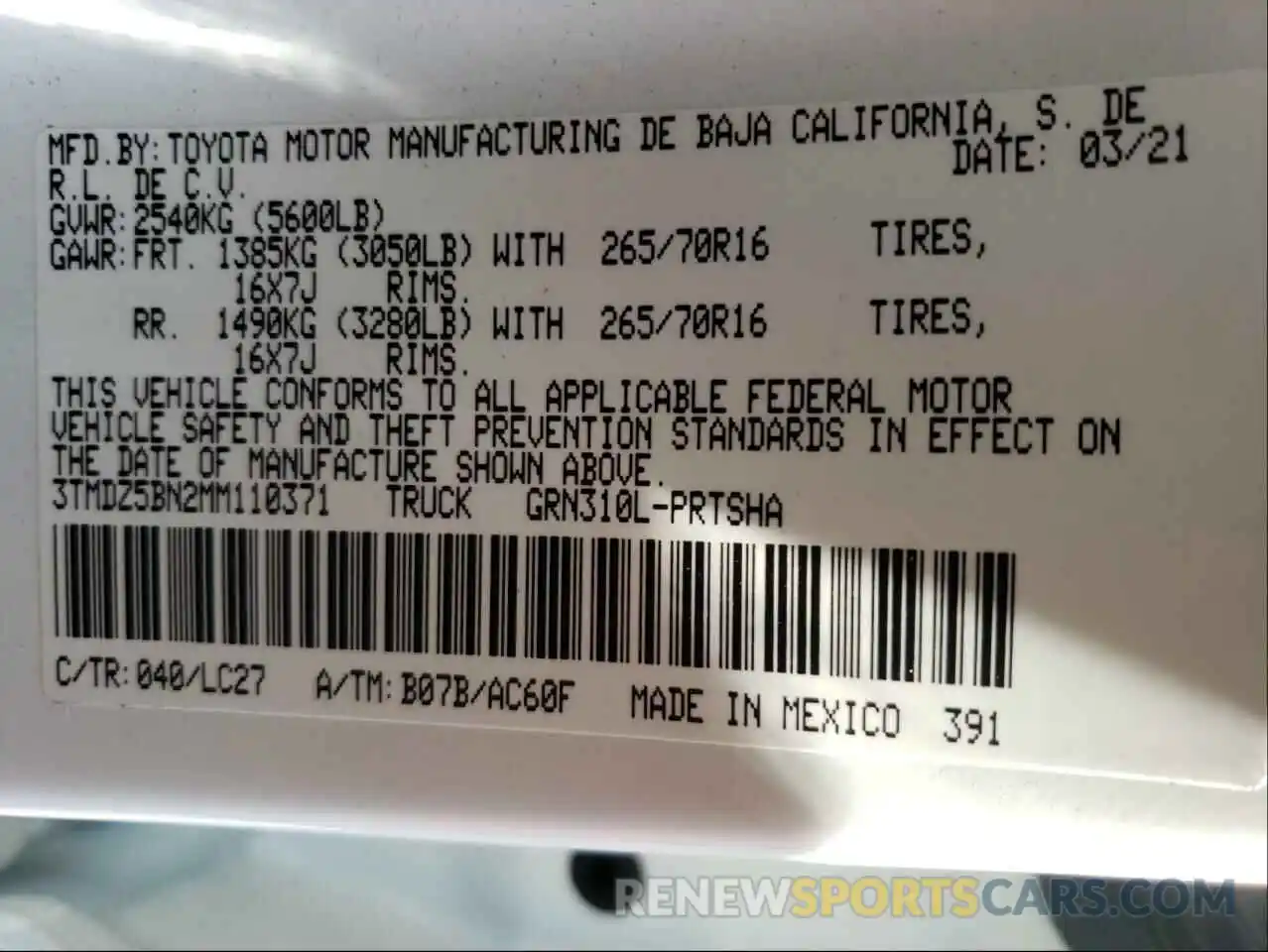 10 Photograph of a damaged car 3TMDZ5BN2MM110371 TOYOTA TACOMA 2021