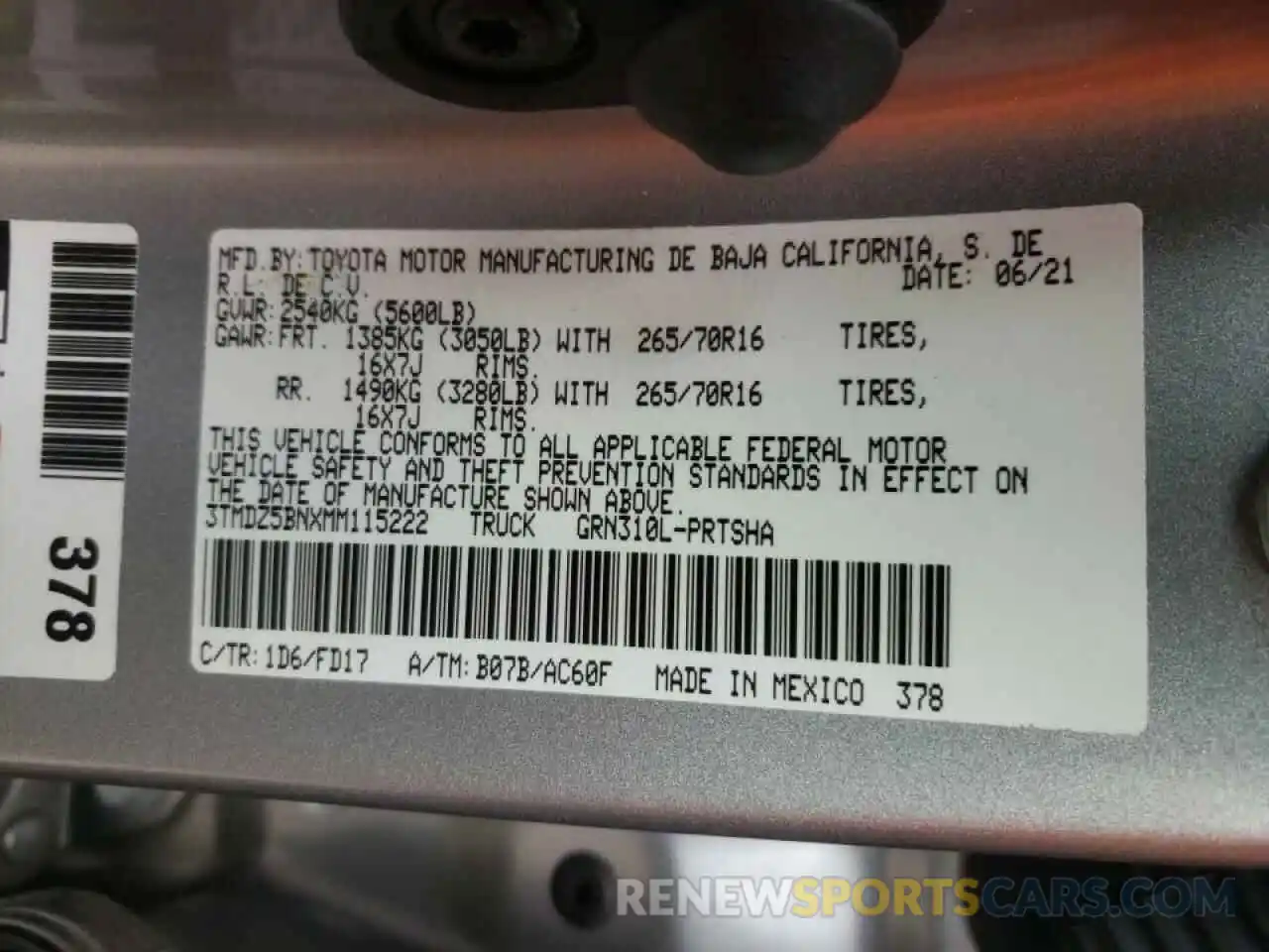 10 Фотография поврежденного автомобиля 3TMDZ5BNXMM115222 TOYOTA TACOMA 2021