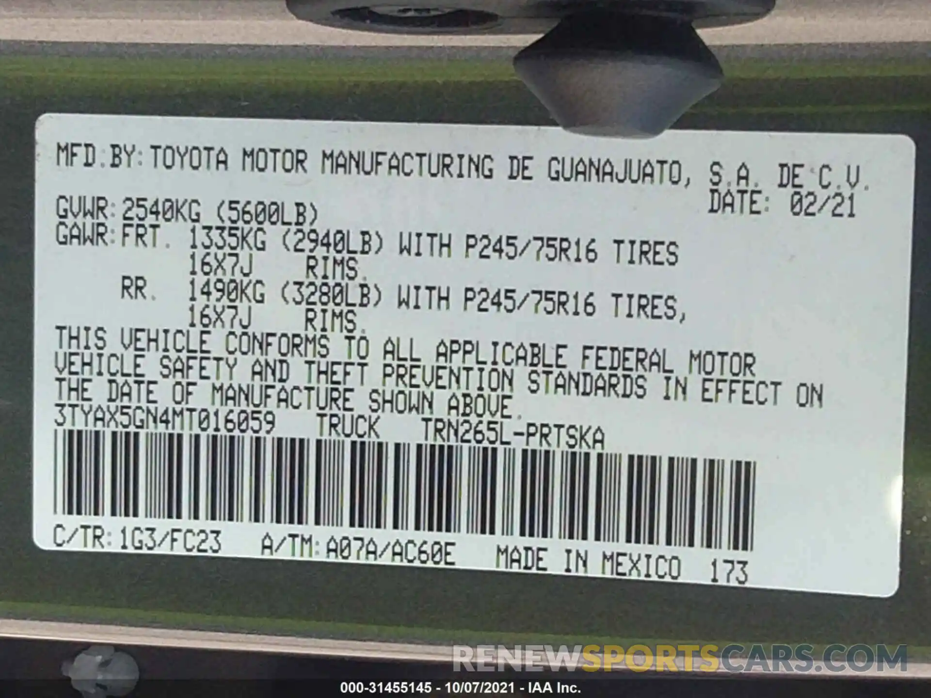 9 Фотография поврежденного автомобиля 3TYAX5GN4MT016059 TOYOTA TACOMA 2WD 2021