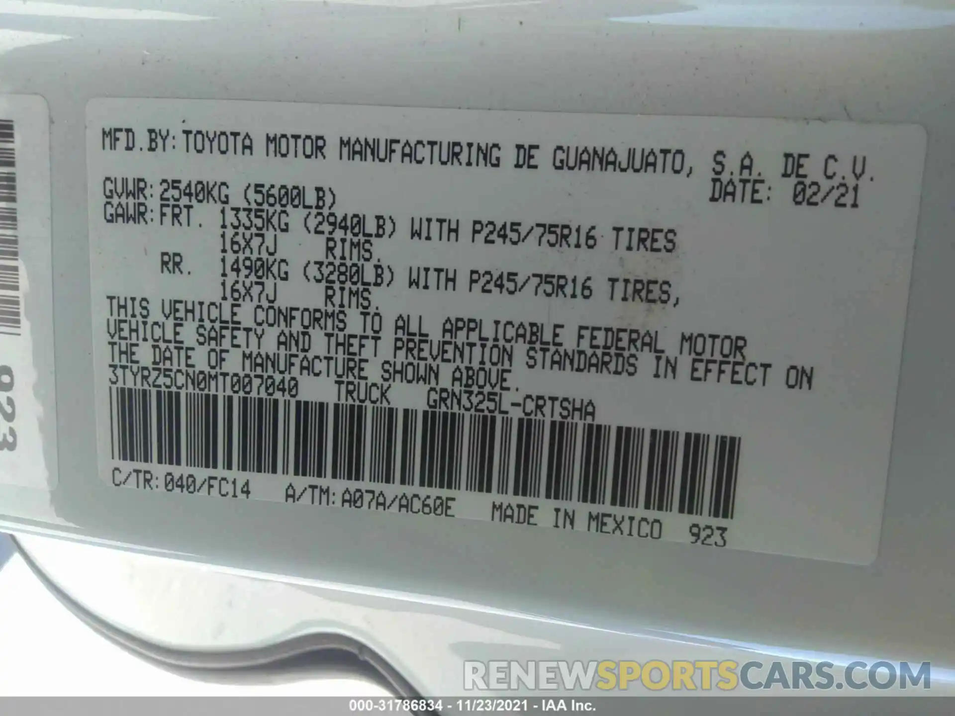 9 Photograph of a damaged car 3TYRZ5CN0MT007040 TOYOTA TACOMA 2WD 2021