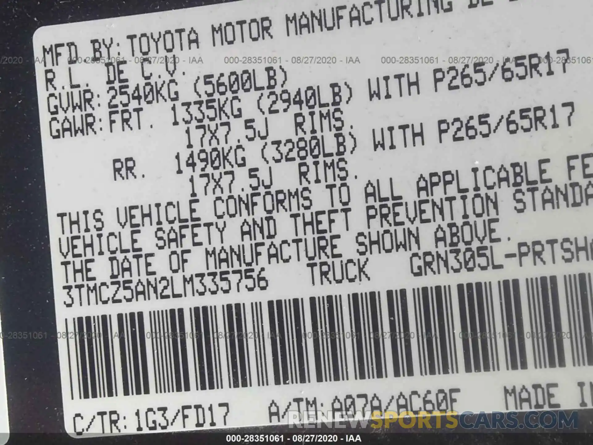 9 Photograph of a damaged car 3TMCZ5AN2LM335756 TOYOTA TACOMA 4WD 2020