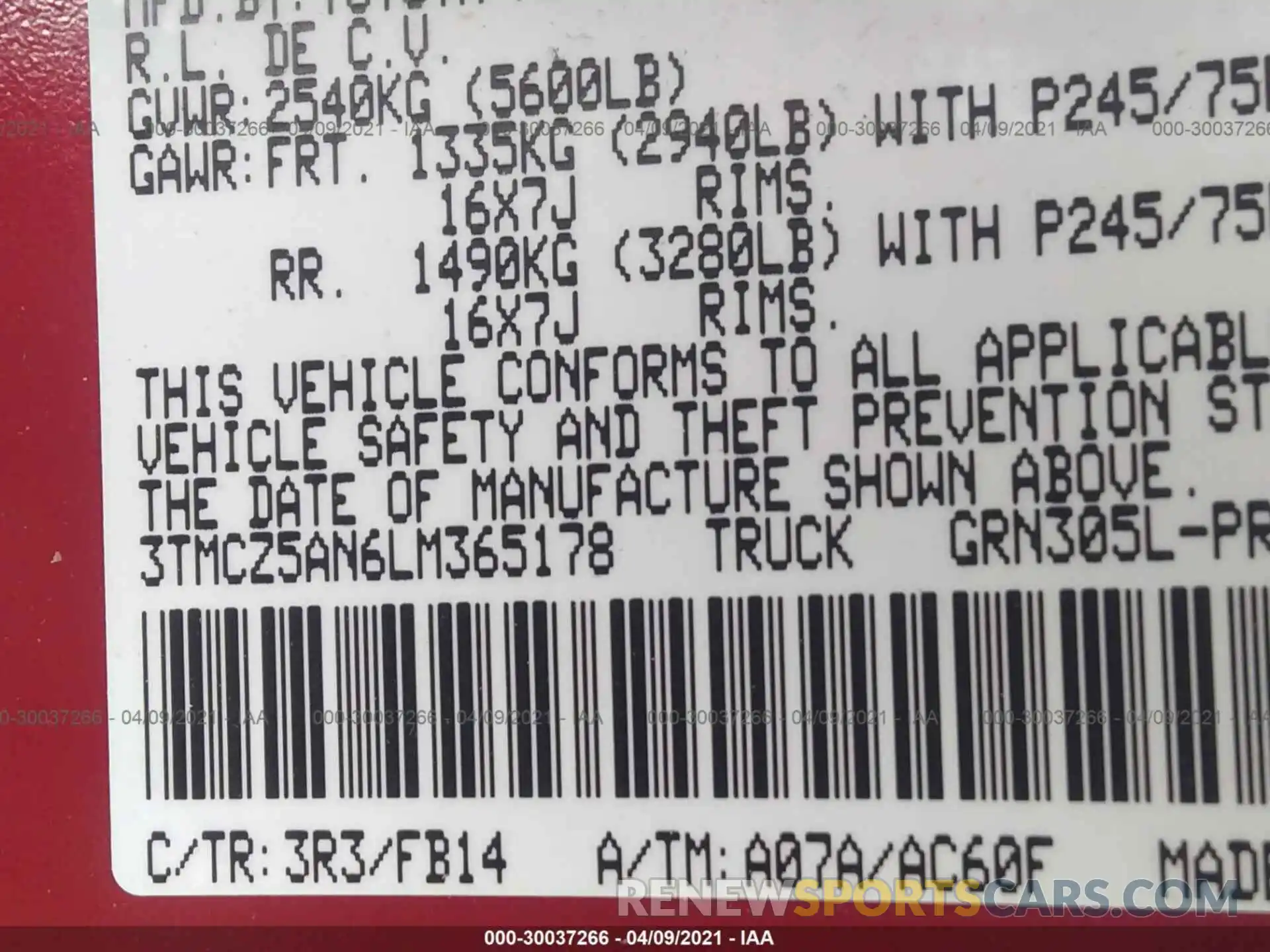 9 Photograph of a damaged car 3TMCZ5AN6LM365178 TOYOTA TACOMA 4WD 2020