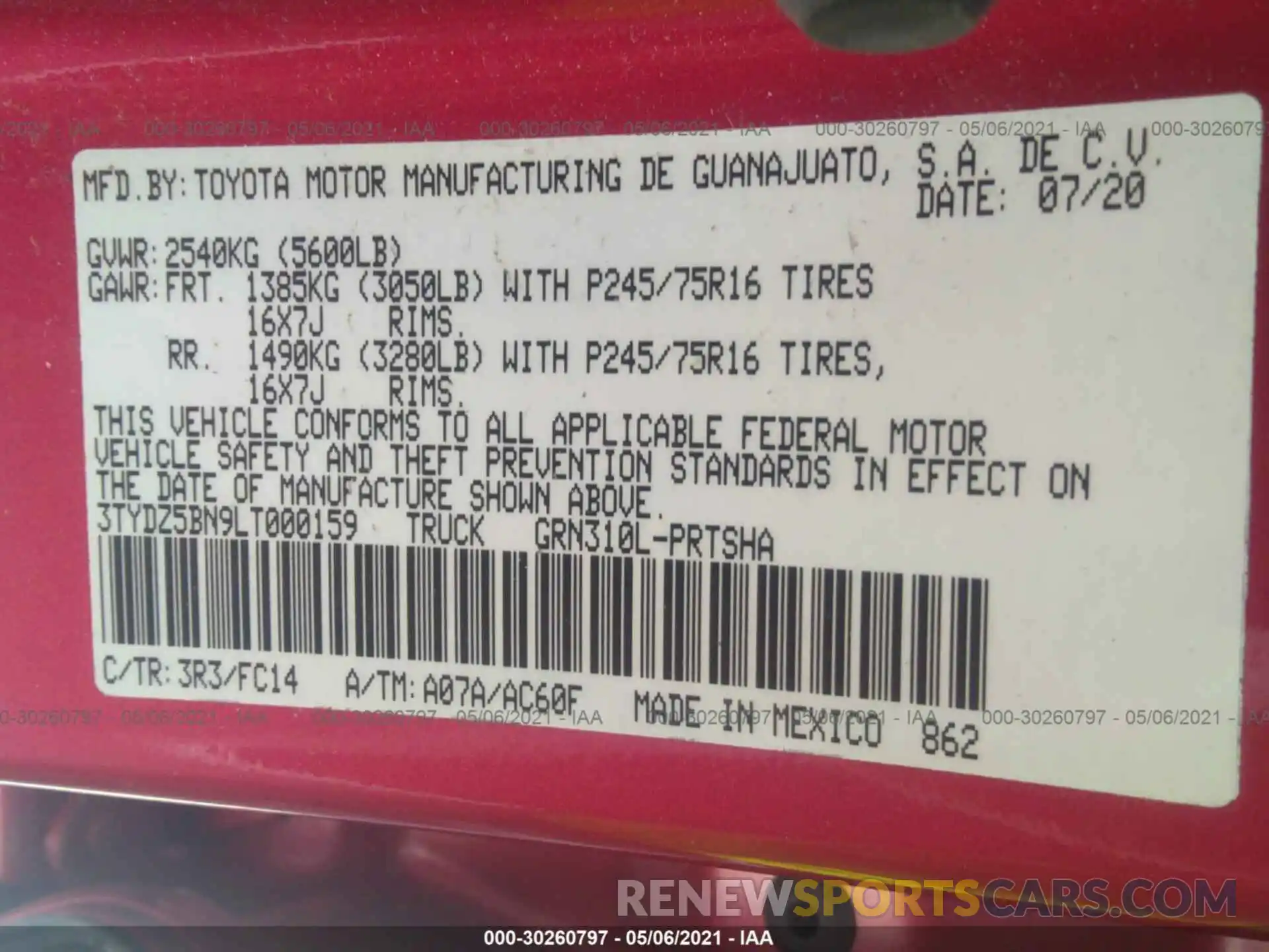 9 Photograph of a damaged car 3TYDZ5BN9LT000159 TOYOTA TACOMA 4WD 2020