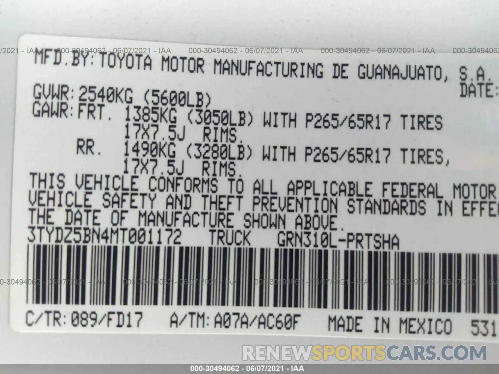 9 Фотография поврежденного автомобиля 3TYDZ5BN4MT001172 TOYOTA TACOMA 4WD 2021