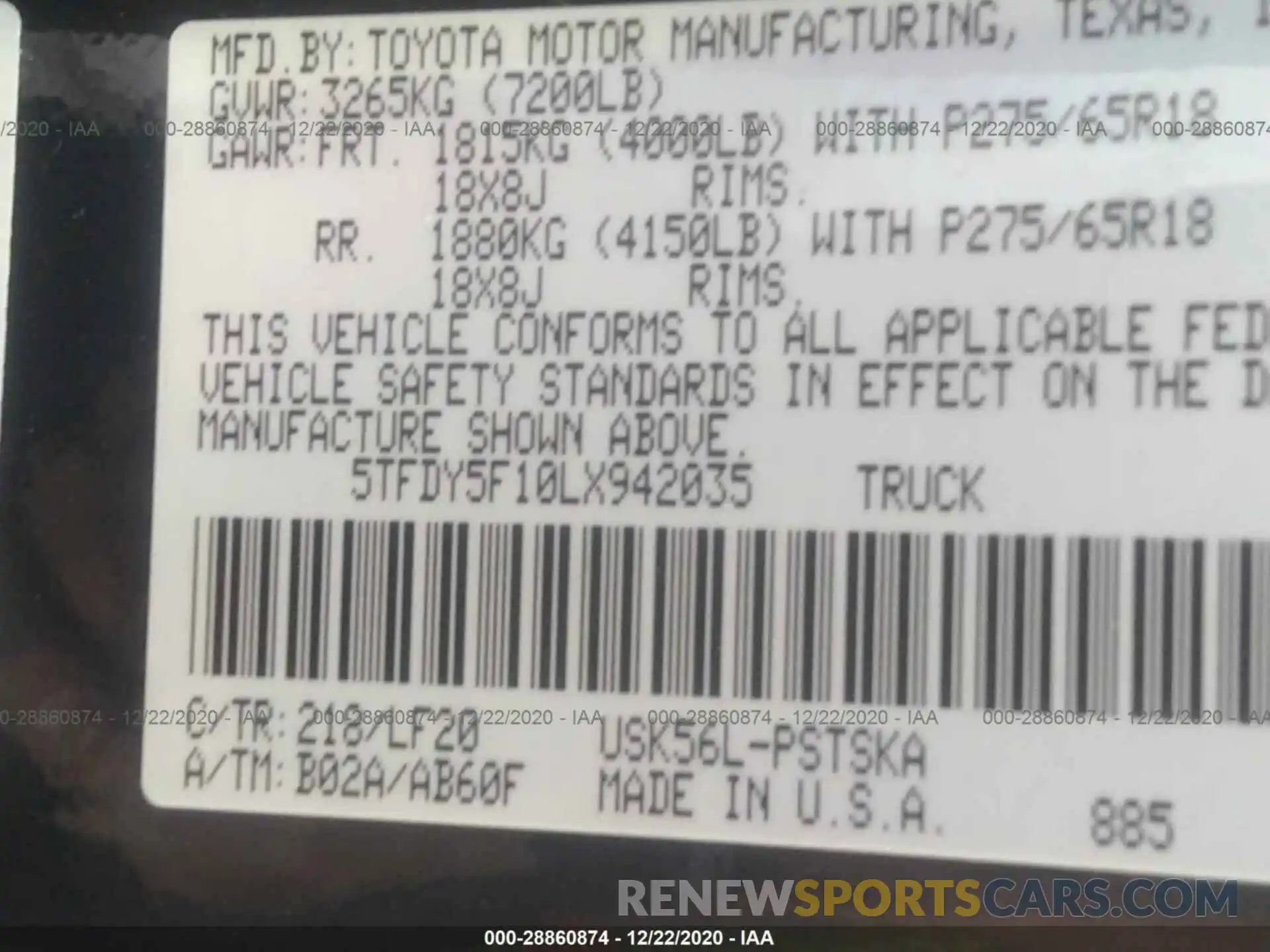 9 Фотография поврежденного автомобиля 5TFDY5F10LX942035 TOYOTA TUNDRA 4WD 2020