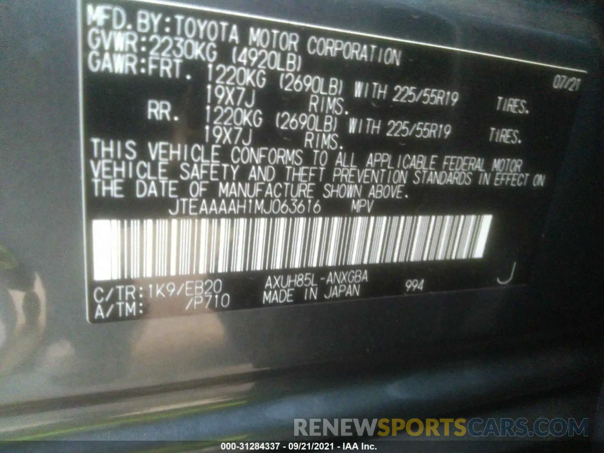 9 Фотография поврежденного автомобиля JTEAAAAH1MJ063616 TOYOTA VENZA 2021