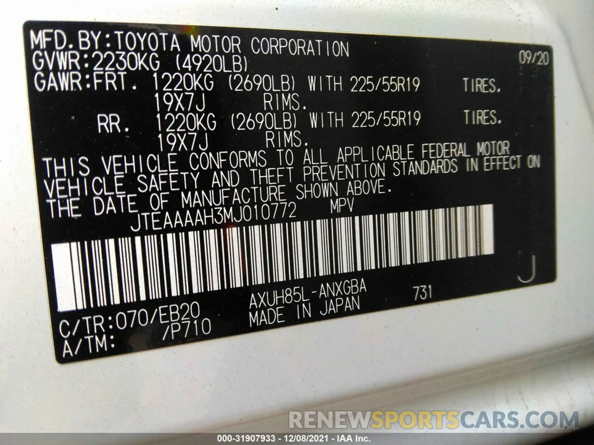 9 Фотография поврежденного автомобиля JTEAAAAH3MJ010772 TOYOTA VENZA 2021