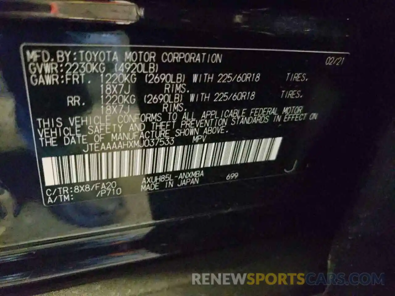 10 Фотография поврежденного автомобиля JTEAAAAHXMJ037533 TOYOTA VENZA 2021