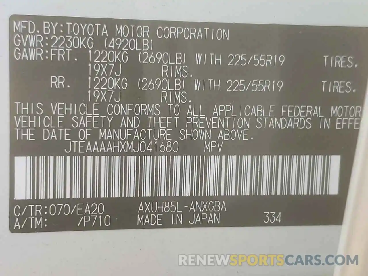 10 Фотография поврежденного автомобиля JTEAAAAHXMJ041680 TOYOTA VENZA 2021