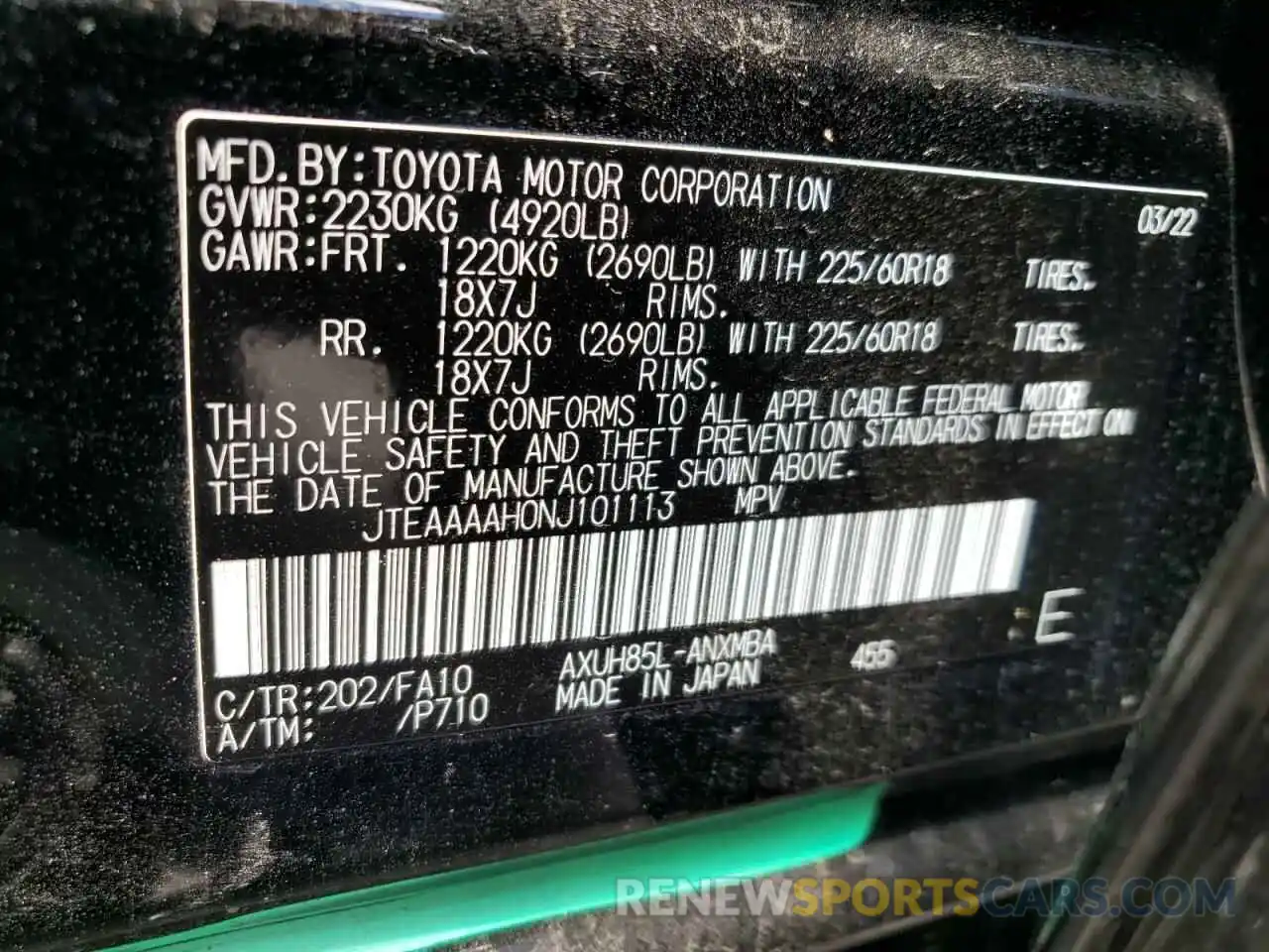 10 Фотография поврежденного автомобиля JTEAAAAH0NJ101113 TOYOTA VENZA 2022