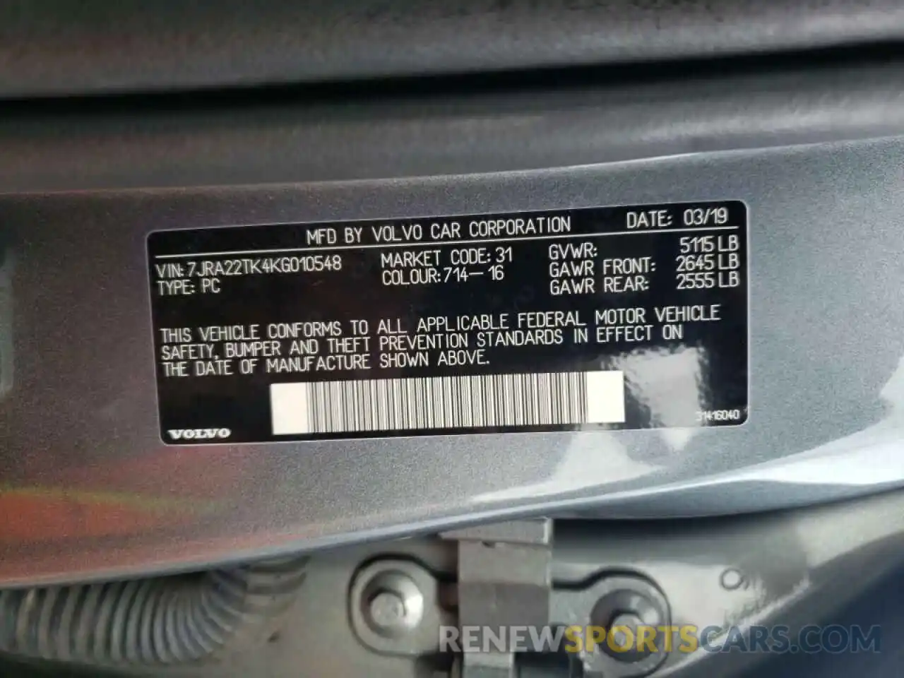 10 Фотография поврежденного автомобиля 7JRA22TK4KG010548 VOLVO S60 2019