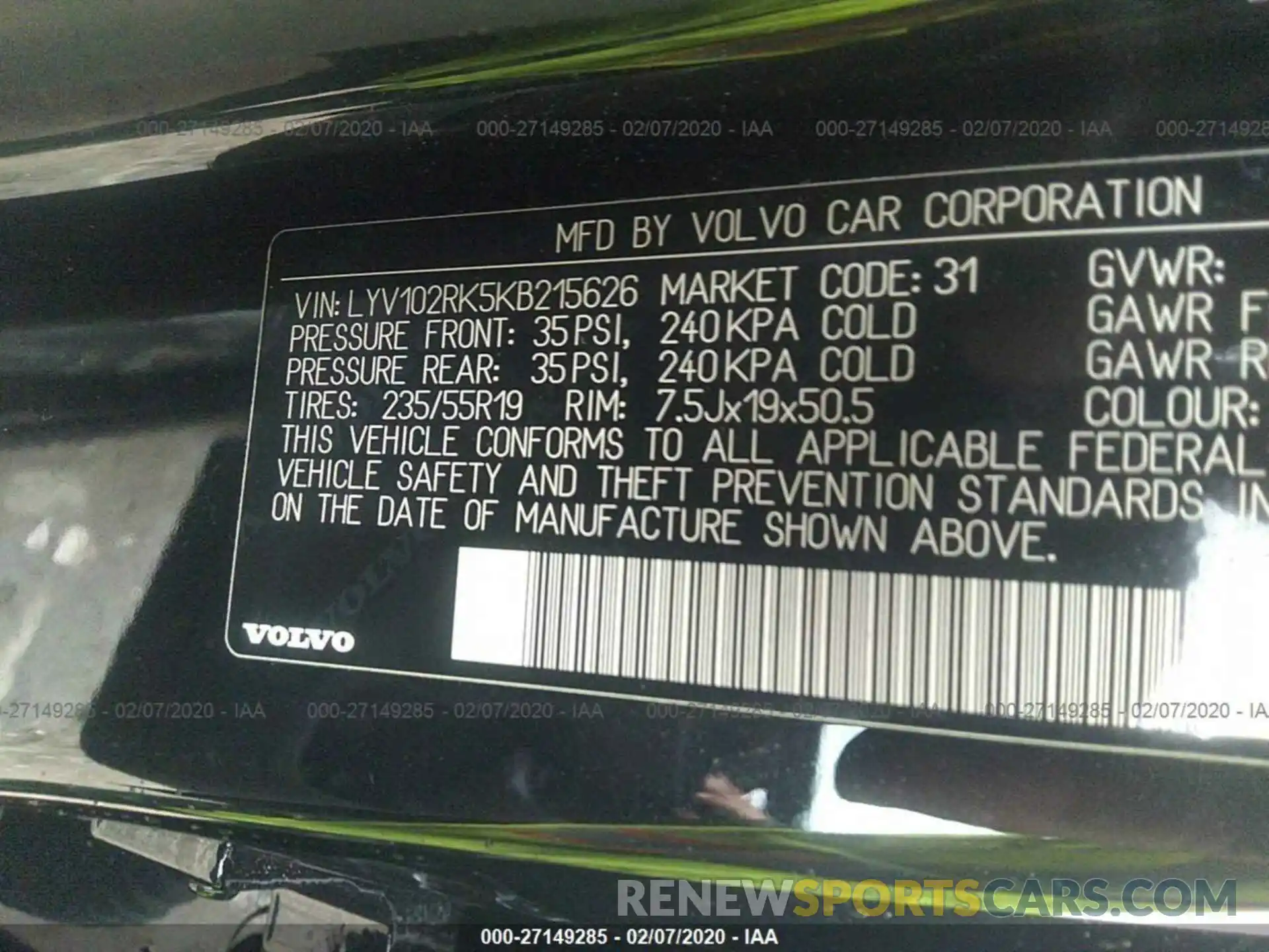 9 Photograph of a damaged car LYV102RK5KB215626 VOLVO XC60 2019